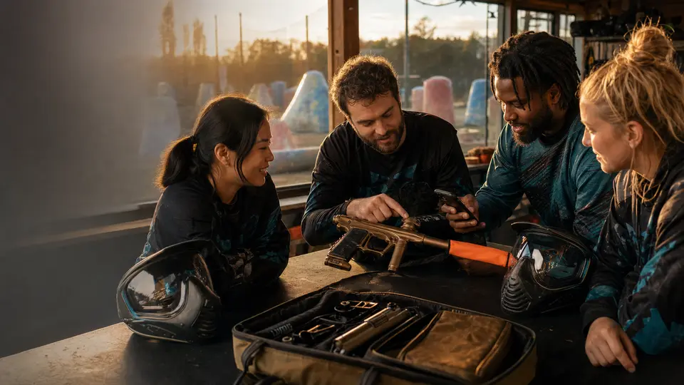 Four paintball players gather around safely covered equipment at a field workshop after play.